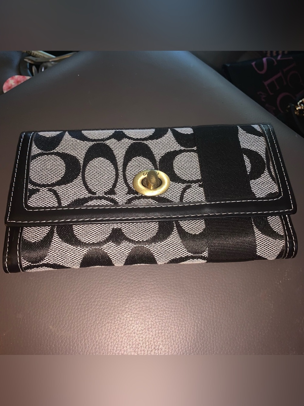 Coach Black and White Signature Canvas Turn-Lock Foldover Clutch